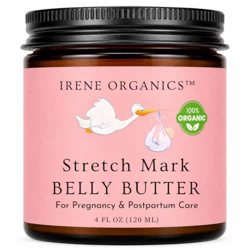 Organic Belly Butter for Pregnancy Stretch Mark Prevention and Treatment by Irene Organics - Award Winning Anti Stretch Mark Tummy Balm For Pregnancy and Postpartum 4oz - Hydrating Bump Cream