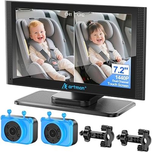 Artman Baby Car Camera for 2 Kids, Baby Car Monitor with 7.2'' HD 1440P IPS Touch Screen, Dual IR Night Vision Cameras, Easy No-Damage Instal Ideal Car Seat Monitora for Parents and Pet Owners