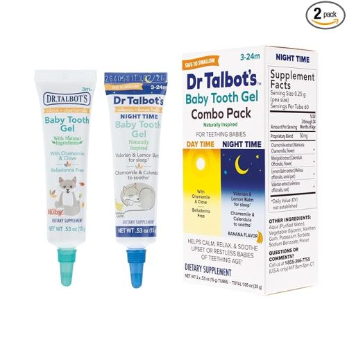 Dr. Talbot's Daytime & Night Time Baby Tooth Gel for Sore Gums - 0.53 oz Combo Pack Tubes of Teething Gel - Ages 3-24 Months - Naturally Inspired Ingredients to Soothe Sore Gums for Babies