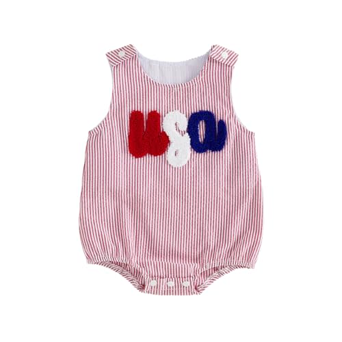Twopumpkin Baby 4th of July Romper Striped Letter Embroidered Sleeveless Bodysuit Casual Infant Overalls for Boys Girls