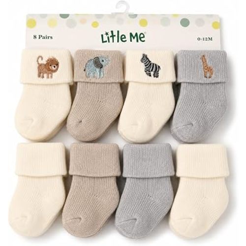 Little Me 8-Pack Baby Socks, Full Cushioned Turncuff Crew Socks, Neutral Safari Animal Design, Unisex Infant Socks, 0-12 Months