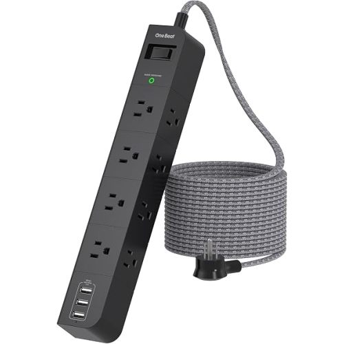 10 ft Surge Protector Power Strip, Flat Plug Extension Cord with 8 Widely Spaced AC Outlets and 3 USB Ports, ETL Listed Desktop Charging Station for Home Office Travel Computer Wall Mount, Black
