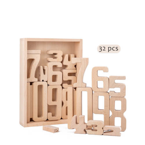 32 Pcs Wooden Math Number Building Blocks Set with Tray