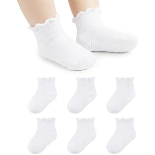 6 Pairs Toddlers Gilrs Ruffle Grip Socks for Kids Non Slip Anti Skid Frilly Cute Funny Cotton Crew Grippers Socks