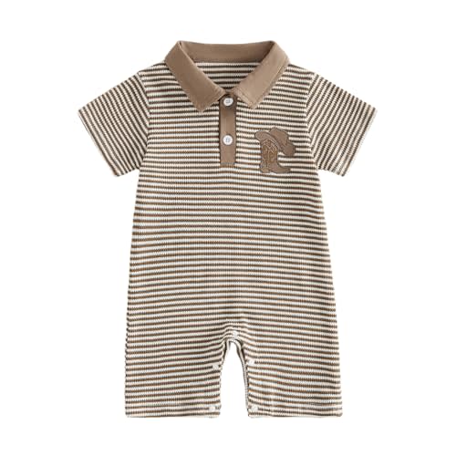 Newborn Outfits Baby Boy Clothes Summer Short Sleeve Waffle Knit Collared Sailboat Embroidery Romper Jumpsuit