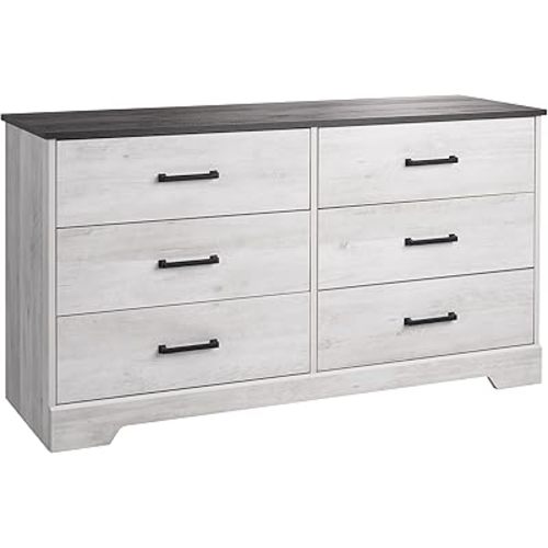 Prepac Rustic Ridge Farmhouse 6-Drawer Double Dresser, Washed White Dresser for Bedroom, Chest of Drawers with 6 Storage Drawers, 53.25” wide x 18.25” deep x 28.5” tall, Washed White