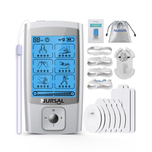 NURSAL 24 Modes TENS Unit Muscle Stimulator for Pain Relief, Rechargeable Electronic Pulse Massager, 8 Pcs Pads, Drug-Free Pain Relief for Shoulder, Back, Muscle, ABS Pads Holder