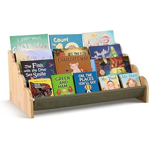 Puricon 4-Tier Kids Bookshelf, Wooden Bookcase Organizer for Toddlers with Deep Pockets & Wavy Edge, Decorative Front-Facing Sling Book Rack for Kids Rooms, Nursery, Playroom and Classroom -Sage