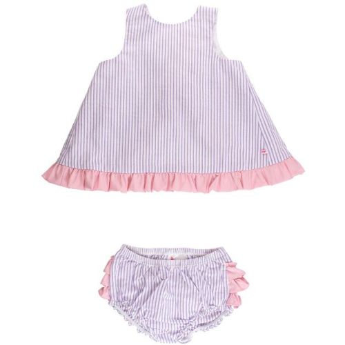 RuffleButts Baby/Toddler Woven Ruffle Swing Top and Bloomer Set - Wisteria Purple Signature Seersucker, 3-6m