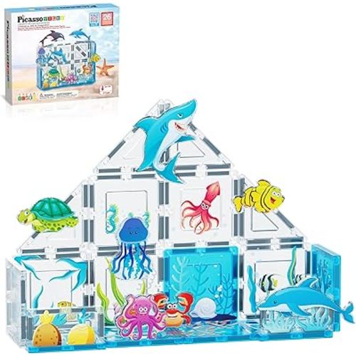 PicassoTiles 26pcs Magnetic Tiles Magnet Tile Building Blocks Marine Animal World Themed Set with 8 Ocean Character Action Figures STEM Learning Toy Construction Toddlers Boys Girls Ages 3+ PTQ25