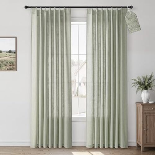 Sage Green Pleated Linen Curtains 84 Inches Long for Bedroom Living Room 2 Panels Set Semi Sheer Light Filtering Boho Farmhouse Curtains Back Tab Faux Textured Light Green Pinch Pleat Drapes 40X84