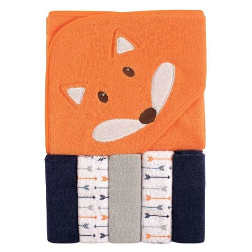 Luvable Friends Baby Hooded Towel with Five Washcloths, Fox, One Size
