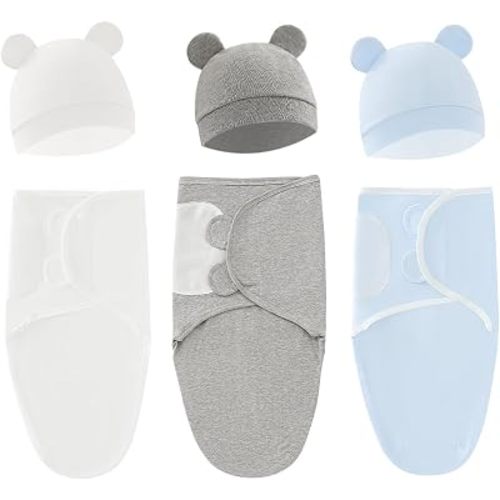 3-Pack Unisex Baby Swaddles for Newborns with Hat White/Grey/Blue
