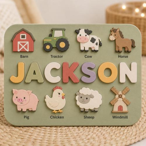 Personalized Farm Name Puzzle, Custom Wooden Name Puzzle, Farm Animals Montessori Toy, Barn Tractor Baby Gift