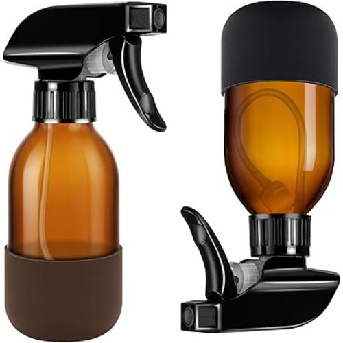 Tecohouse 2 Pack 360° Amber Glass Spray Bottles with Silicone Sleeve, 4 oz Empty Refillable Containers with Adjustable Spray Nozzles, Spray Bottles for Cleaning Solutions, Hair, Plants (Black & Brown)