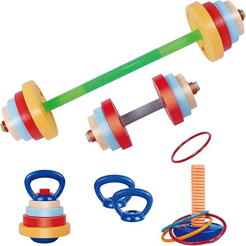 OCES 5-in-1 Kids Weight Set — Adjustable Fillable Toddler Weights Gym Set (Barbell, Dumbbells, Kettlebell, Ring Toss, Push-up) Kids Workout Equipment Beginner Home Gym Play Exercise Fitness Toy