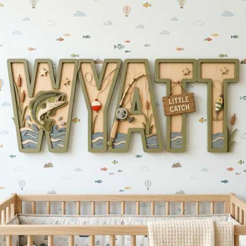 Personalized Wooden Name Sign, Fishing Nursery Decor, Custom Boy Room Wall Art, Fish Hunter Sign Baby Shower Gift, Little Catch Name Sign