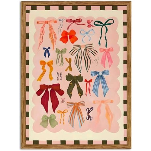 Framed Pink Wall Art, Coquette Colorful Bow Pictures Wall Decor, Trendy Preppy Paintings Canvas Prints Girly Home Decor Aesthetic for Girls Living Room Bedroom Dorm 12x16 inch