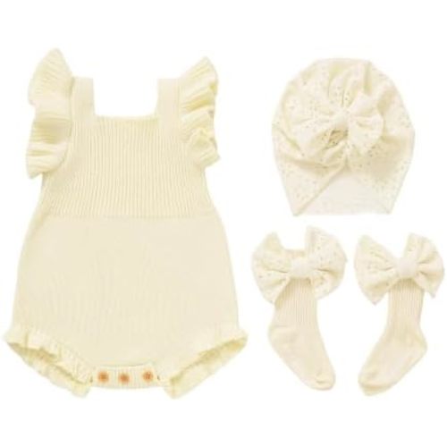 Neiwech Baby Girl Ruffle Knit Romper Outfit Set, Sleeveless Knitted Bodysuit with EyeletBow Turban Headband and Bow Socks