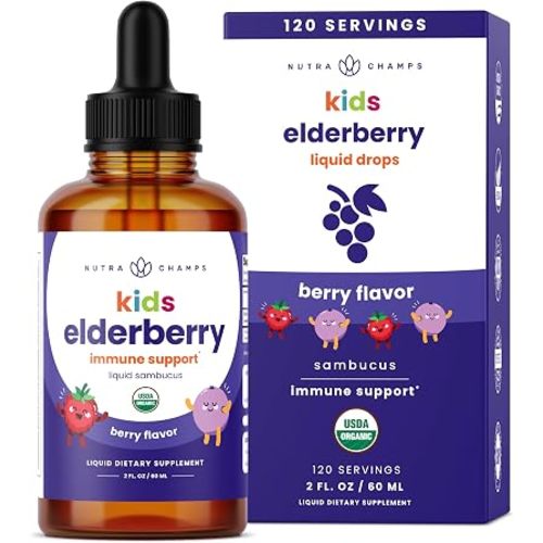 NutraChamps Organic Black Elderberry for Kids Liquid Drops, 10:1 Extract Sambucus Elderberry Syrup for Kids, Sugar-Free European Elderberry Drops Berry Flavor, Immune Support, 4 Month Supply