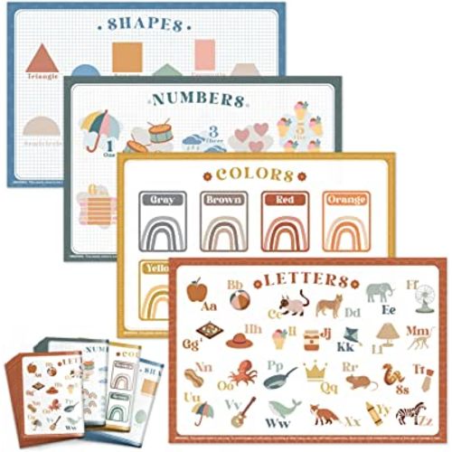 Babebay Disposable Placemats for Baby, 40 Pack Sticky Toddler Placemat for Restaurants, Dining Table, Party, Travel, 12" x 18" Placemats with 4 Designs, Fun and Learning Placemats for Kids