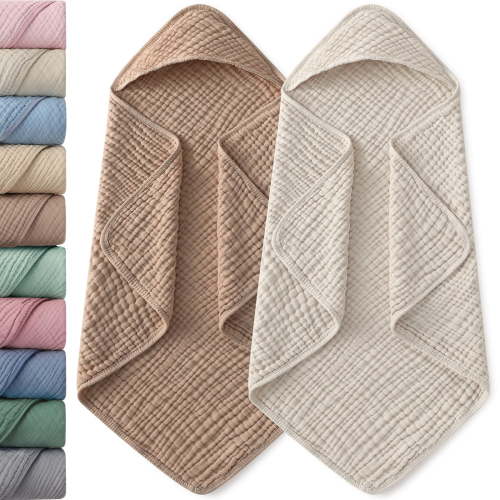 Yoofoss Hooded Baby Towels for Newborn 2 Pack 100% Muslin Organic Cotton Baby Bath Towel with Hood for Babies, Infant, Toddler and Kids, 32x32Inch, Soft and Absorbent Newborn Essential, Beige&Coffee