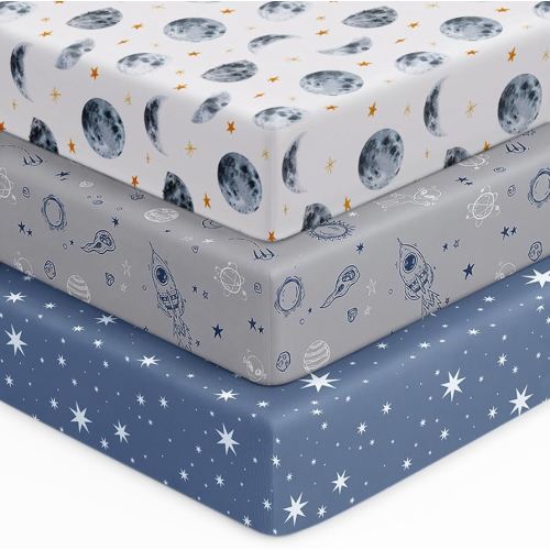 Baby Crib Sheets for Boys Girls, 28x52x8in Fitted Crib Sheet Neutral 3 Pack for Standard Crib and Toddler Mattress, Breathable Soft Microfiber Baby Sheet Grey & Blue Moon