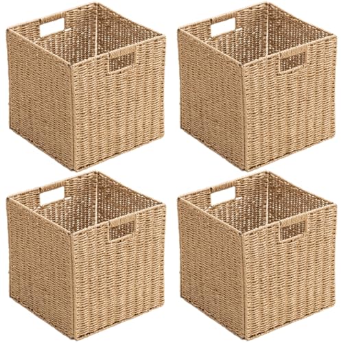 Handwoven Paper Woven Cube Basket Organizer with Handles set of 4 Foldable Storage baskets for Bedroom Living Room Cubby Storage Units for Clothes Books Toys (Natural, 13" L x 13" W x 13" H)