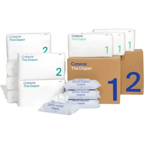 Coterie Baby Wipes + Diapers Kit, Size 1 (99 Count) & Size 2 Diapers (186 Count), 4 Pack (224) Baby Wipes with 99% Water, Plant Based Materials, Hypoallergenic for Sensitive Skin