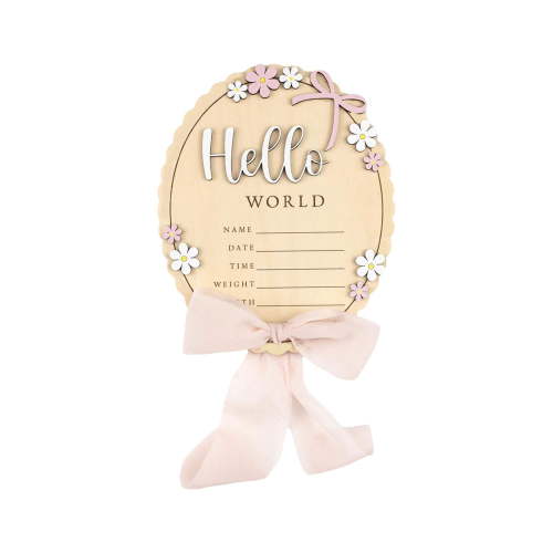 "Hello World" Newborn Baby Wooden Keepsake Plaque with Bow Birth Stats Card Photography Prop Girl Nursery Decor Gift Harlik