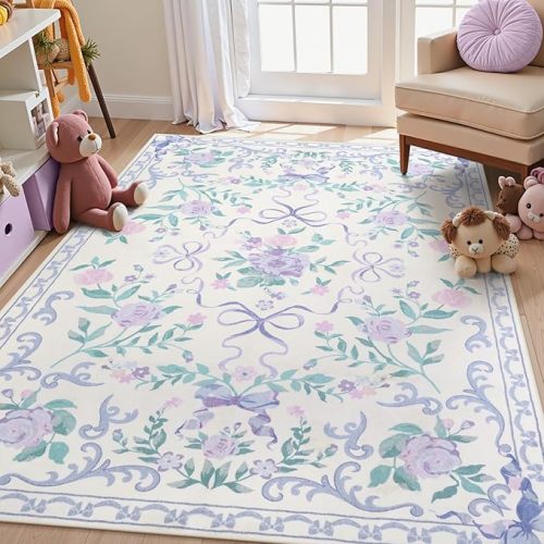 Collive Purple Floral Rugs for Girls, 5x7 Washable Bow Area Rug for Living Room, Cute Ultra-Thin Non Slip Indoor Decor Carpet for Nursery Kids Room Bedroom Playroom (Purple 5' x 7')