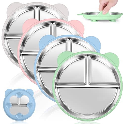 KLCKH 4 Pack Stainless Steel Toddler Plates with Suction - 9" Kids Divided Plates Removable Silicone Sleeves for Baby Led Weaning, Bear Ear Design Non Slip BPA-Free Dishwasher Safe