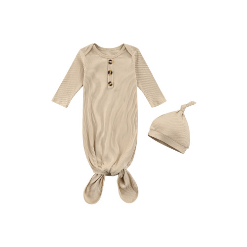TheFound Newborn Baby Girl Boy Gowns Long Sleeve Knotted Sleeping Bags with Hat Cotton Nightgown Sleepwear