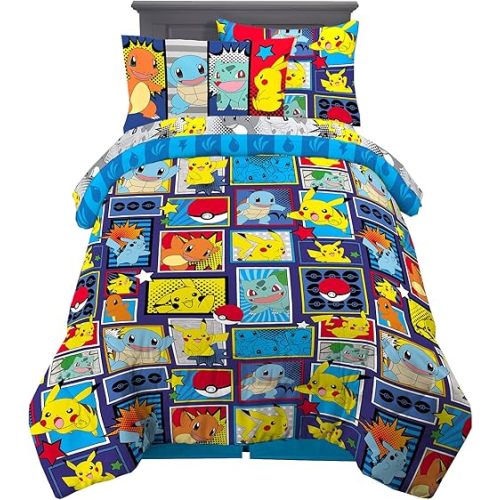 Pokémon Pikachu Twin Size Bedding, Kids Bedding Super Soft Cozy Reversible Comforter and Sheet Set with Sham, 5 Piece Twin Size, (Officially Licensed Product) by Franco