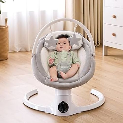 HARPPA Electric Baby Swing for Infants with Music Speaker, 5 Adjustable Speeds, 5-Point Safety Harness, Timer Function, Compact Design for Indoor & Outdoor Use,Grey