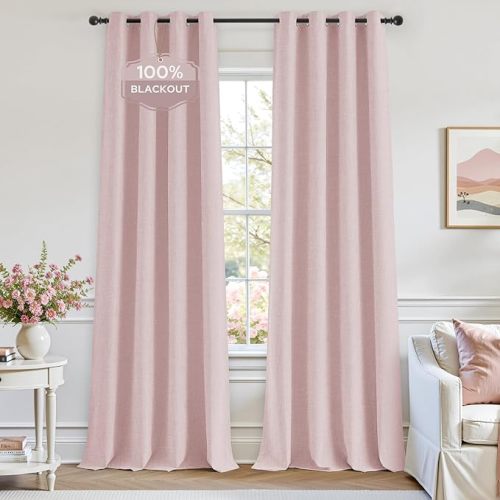 HOMEIDEAS 100% Light Pink Linen Blackout Curtains for Bedroom, 52 x 84 Inch Length 2 Panels Faux Linen Thermal Insulated Darkening Grommet Window Drapes for Living Room,Nursery