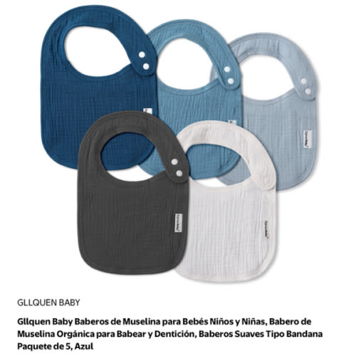 GLLQUEN BABY Muslin Bibs for Boys and Girls, Organic Cotton, Adjustable Side Snaps, 5 Pack, Blue