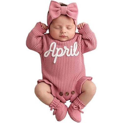Personalized Embroidered Baby Romper Set, Custom Crochet Name Knit Sweater Cotton Newborn Coming Home Outfit