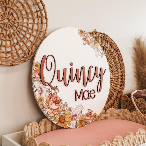 Floral Round Name Sign, Wildflower Nursery Decor, Baby Girl Gift, Personalized Baby Name Sign, Floral Baby Shower, Baby Shower