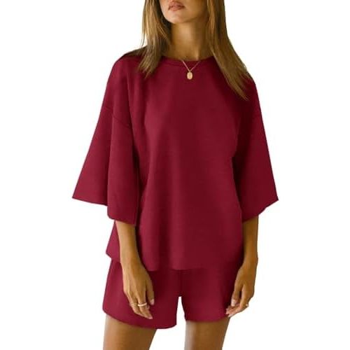 Tankaneo Womens Pajama Sets 3/4 Sleeve Oversized Tops and Elastic Waist Shorts Lounge Sets Loungewear