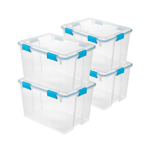Sterilite 80 Qt Gasket Box, Stackable Storage Bin with Latching Lid, 4 Pack