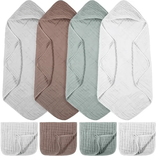 VitalCozy 8 Pcs Baby Muslin Hooded Bath Towels and Washcloths, Muslin Hooded Baby Towels Absorbent Blankets for Gift Newborn Infant Shower (Grey,Blue)