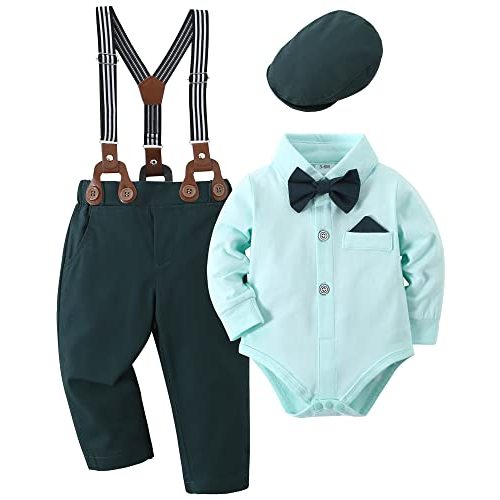 DISAUR Baby Boy Clothes Suits 4PCS Gentleman Outfit Dress Romper Beret Hat Suspender Pants Bow Tie Wedding Set