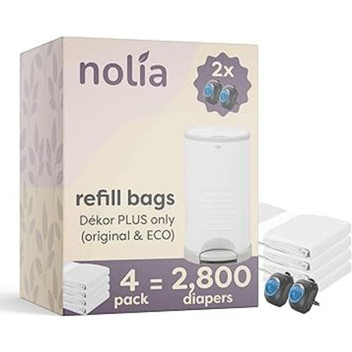 Nolia Refills for Dekor Plus Diaper Pail – 4 Pack Holds 2,800 Diapers – Fresh Powder Scent Bags – Leak & Tear Resistant – Includes 2 Bonus Scented Fresh Packs