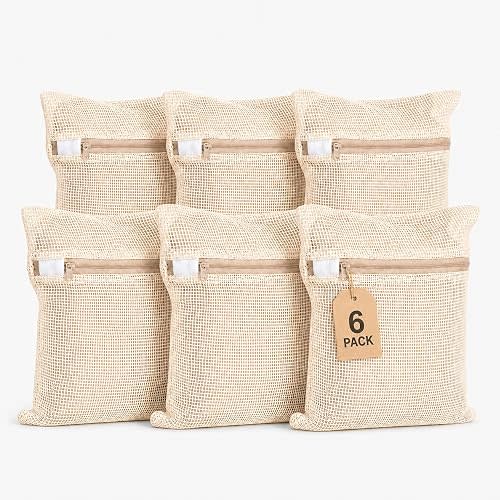 Mesh Laundry Bags for Delicates 6-Pack – 11.81 x 15.74 inch Large & Sturdy Organic Pure Cotton Breathable Zippered Delicate Wash Bags for Washing Machine, Lingerie, Bra, Clothes, Large Capacity