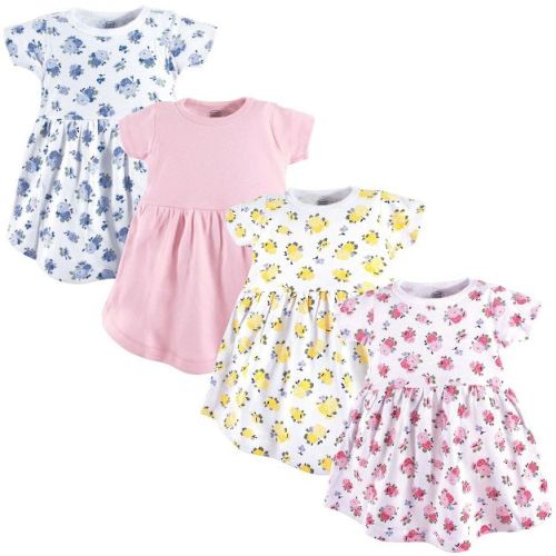 Luvable Friends Baby and Toddler Girl Cotton Short-Sleeve Dresses 4pk, Floral, 0-3 Months