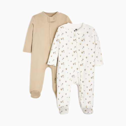 Small Story Organic Cotton 2-Way Zip Footie (2 Pack) - Mushroom, Taupe, 0-3 M