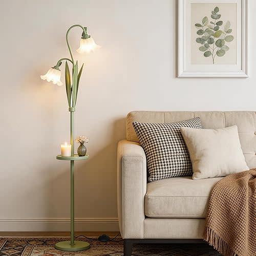 Funky Flower Floor Lamp with Table, Adjustable Gooseneck Floor Lamp with 3 Color Temperature, LED Bright Standing Lamp for Living Room, Bedroom, Corner, for Girl Women（Matcha Green）