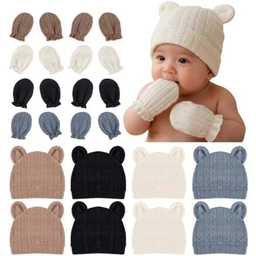 8 Sets Newborn Baby Hats & Mittens Cotton Preemie Infant Bow Beanies Caps Gloves Hospital New Born Boy Girl 0-3 Month