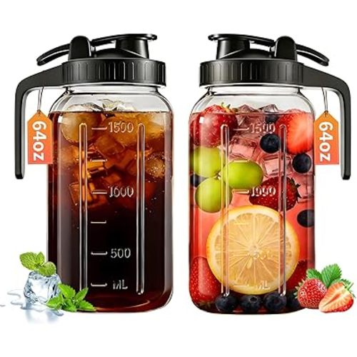 64oz Glass Pitcher with Lid & Spout – 2 Quart Mason Jars, Airtight & Leakproof Breastmilk Pitcher for Cold Brew Coffee, Sun Tea, Water, Juice – Wide Mouth, Fridge Safe
